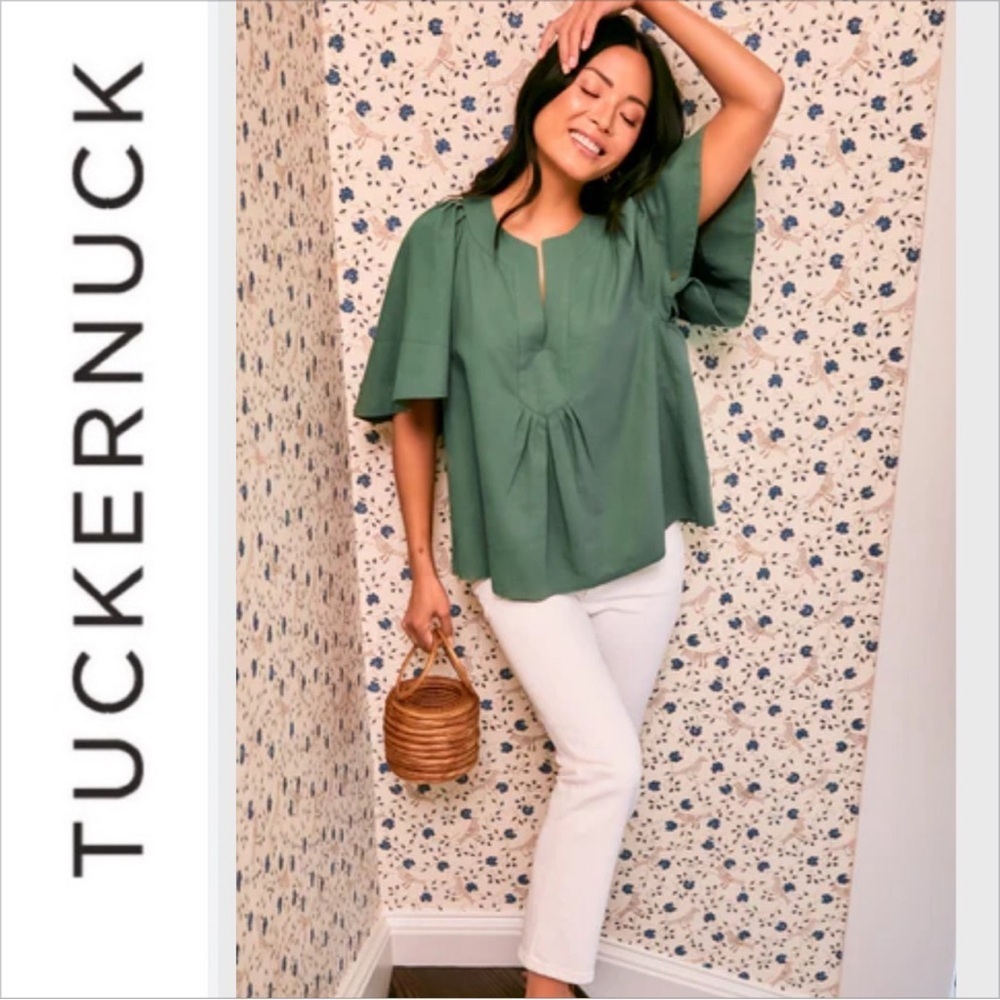 Tuckernuck Pomander Place Women's S Finley Flutter Sleeve top forest green - Picture 2 of 9
